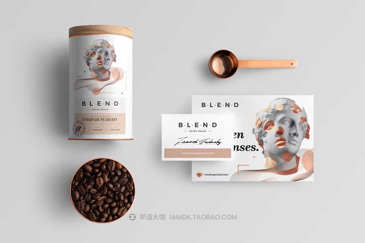 10款高级咖啡品牌VI设计包装桶名片展示贴图PSD样机模板 Blend - Coffeehouse Branding Mockup Vol. 3_img_2