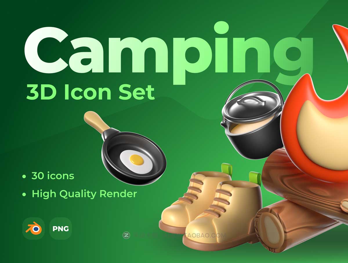 30款卡通创意徒步旅游野营露营3D图标Icons设计素材合集 3D Icon Set — Camping and Travel_img_2