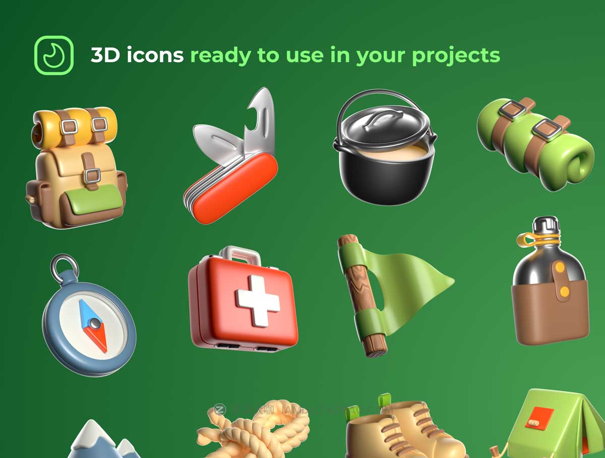 30款卡通创意徒步旅游野营露营3D图标Icons设计素材合集 3D Icon Set — Camping and Travel_img_2