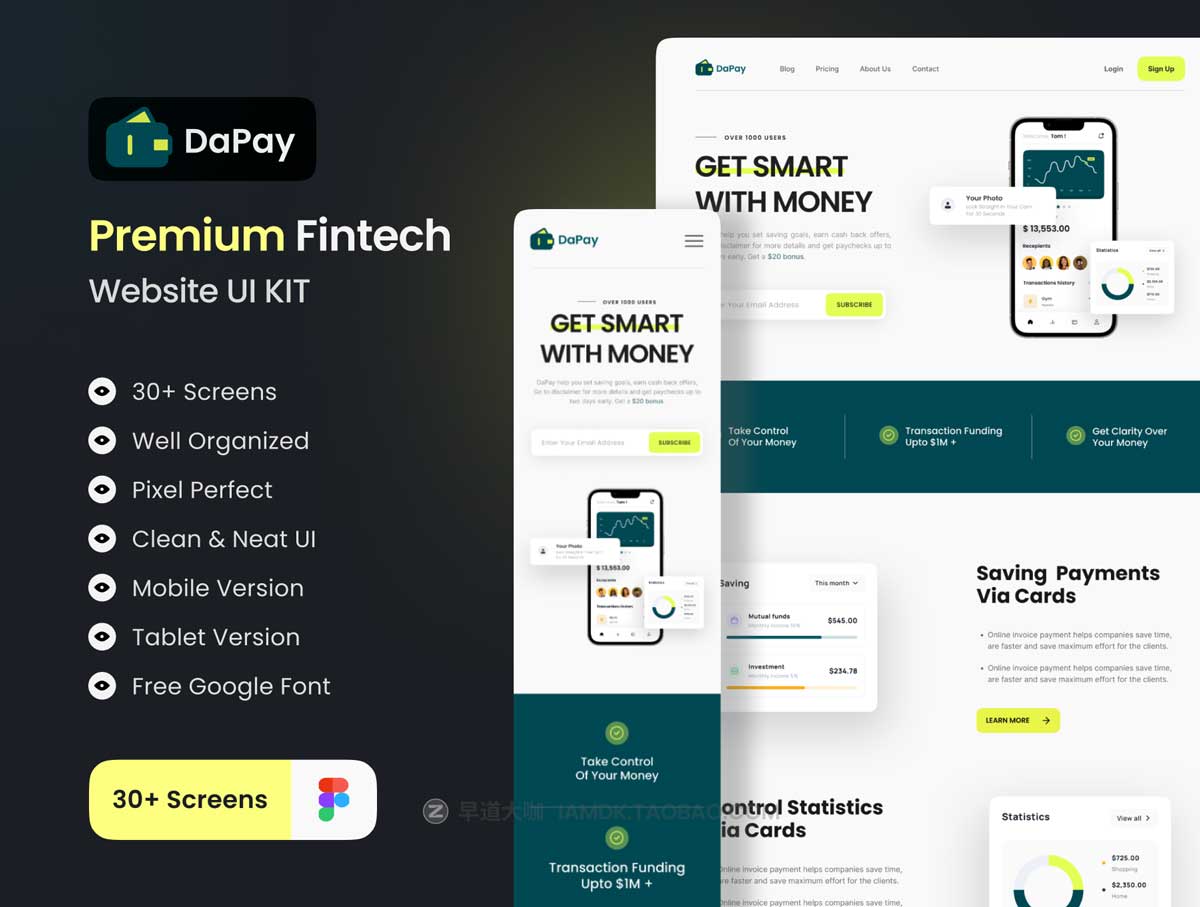 30+屏优质银行金融科技APP软件界面设计Figma模板素材 DaPay - Fintech Landing Page UI KIT_img_2