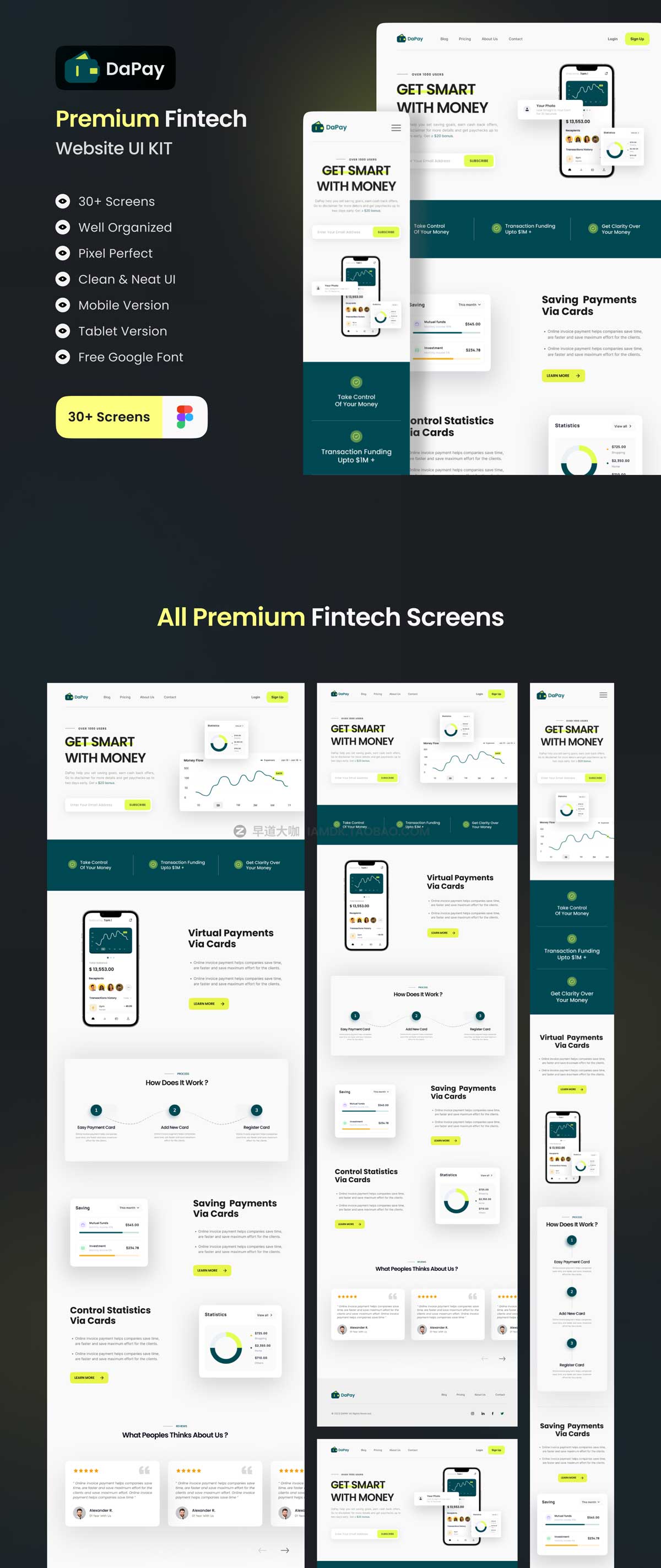 30+屏优质银行金融科技APP软件界面设计Figma模板素材 DaPay - Fintech Landing Page UI KIT_img_2