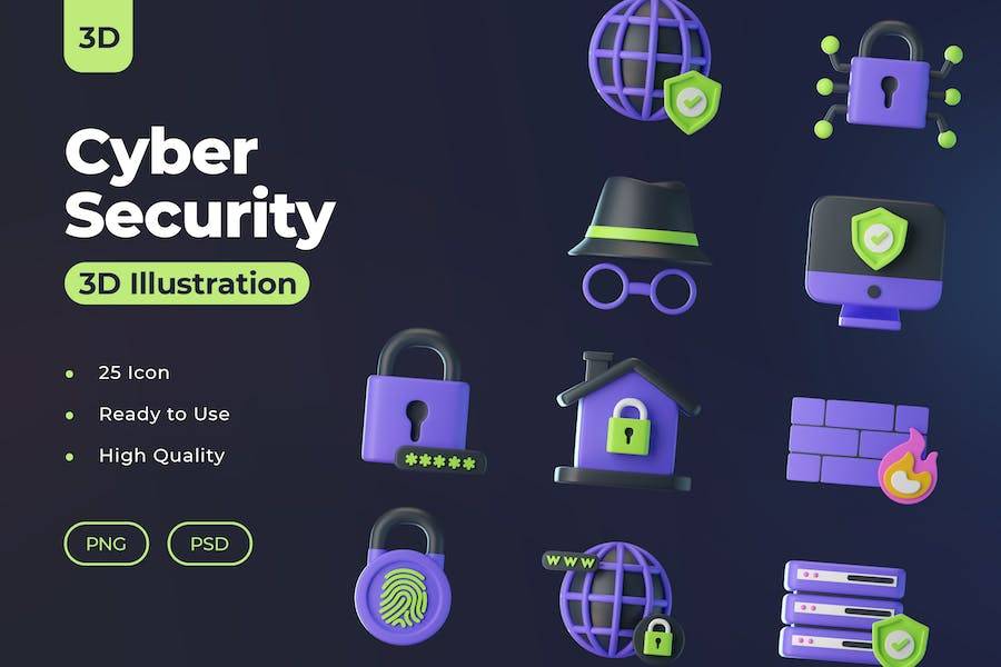 25款互联网科技信息网络安全指纹登录3D图标设计素材 Cyber Security 3D Icons_img_3