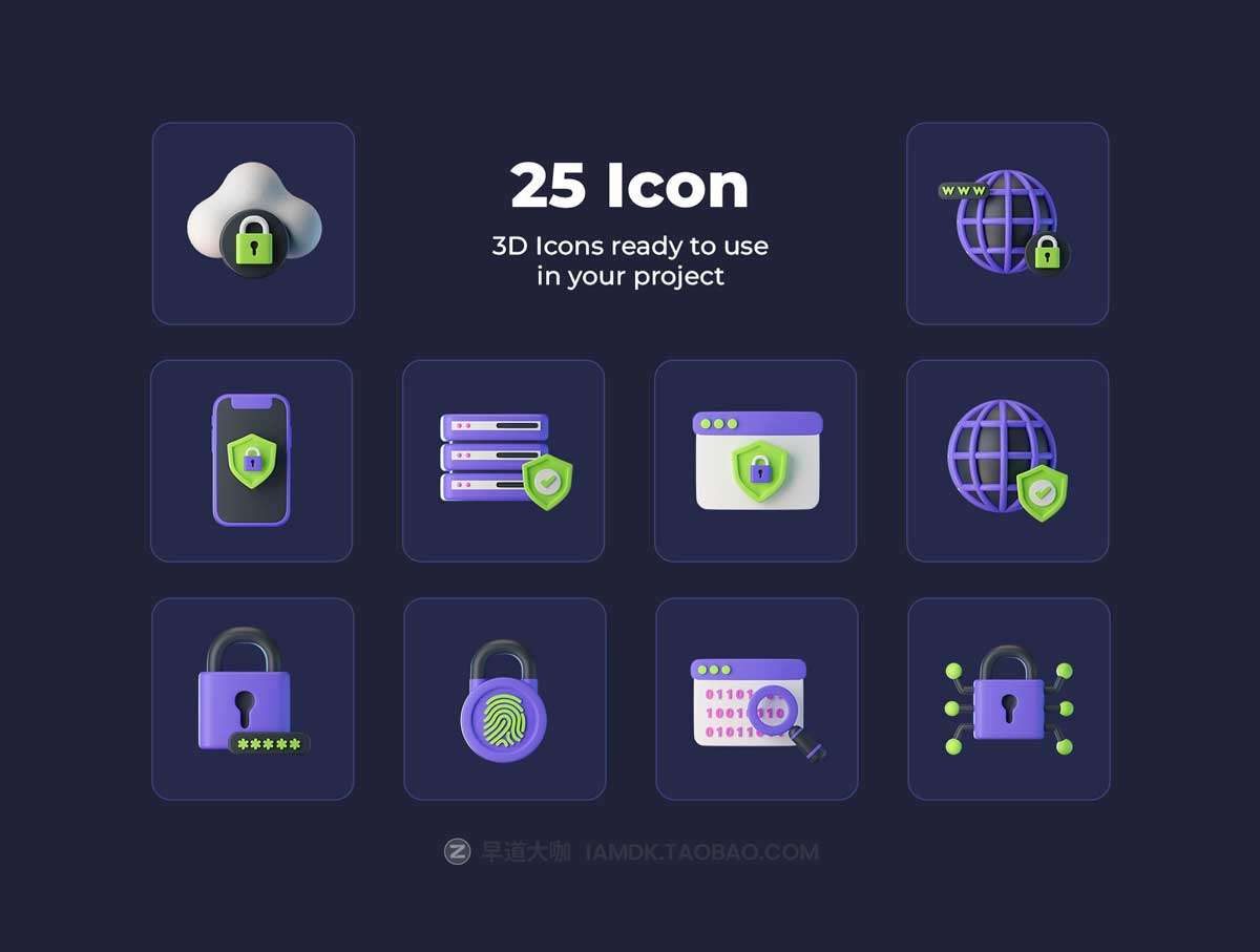 25款互联网科技信息网络安全指纹登录3D图标设计素材 Cyber Security 3D Icons_img_2