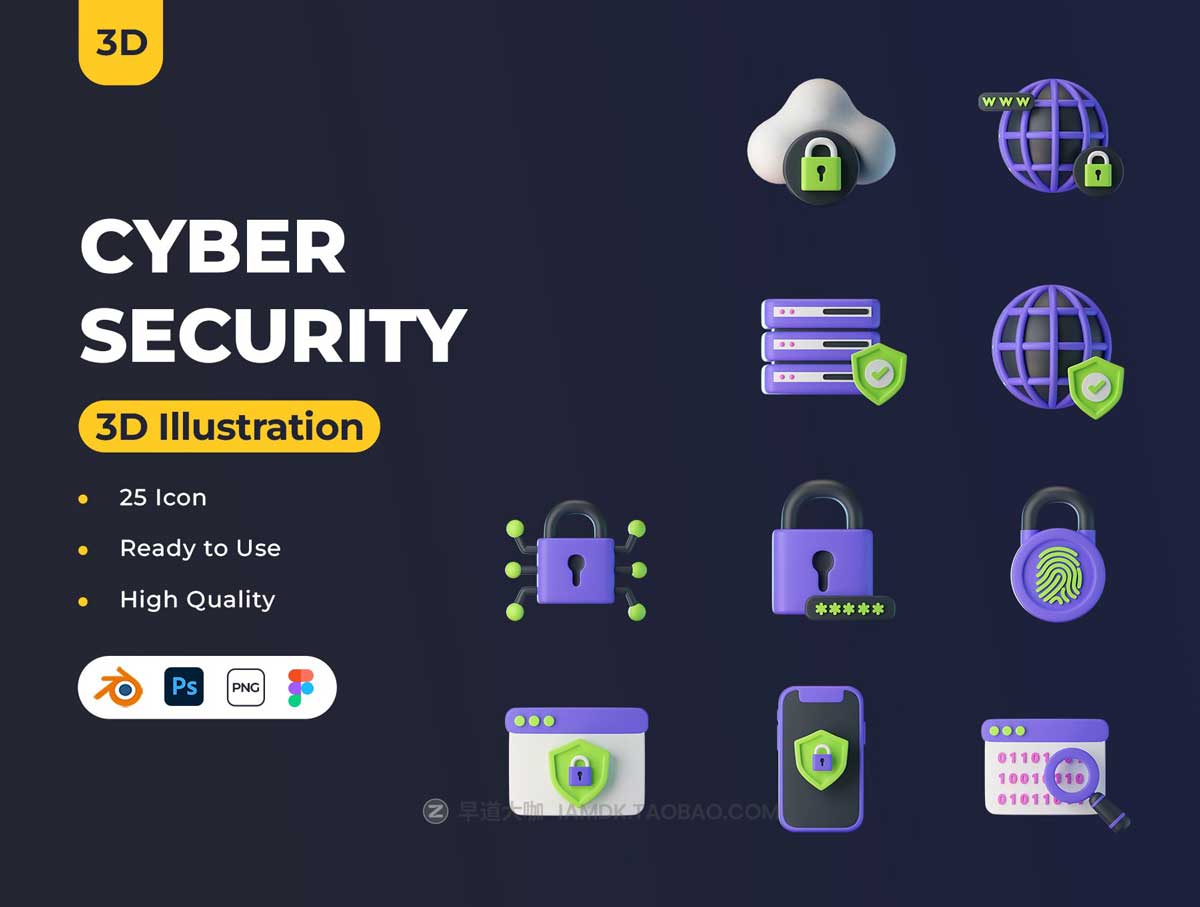 25款互联网科技信息网络安全指纹登录3D图标设计素材 Cyber Security 3D Icons_img_2