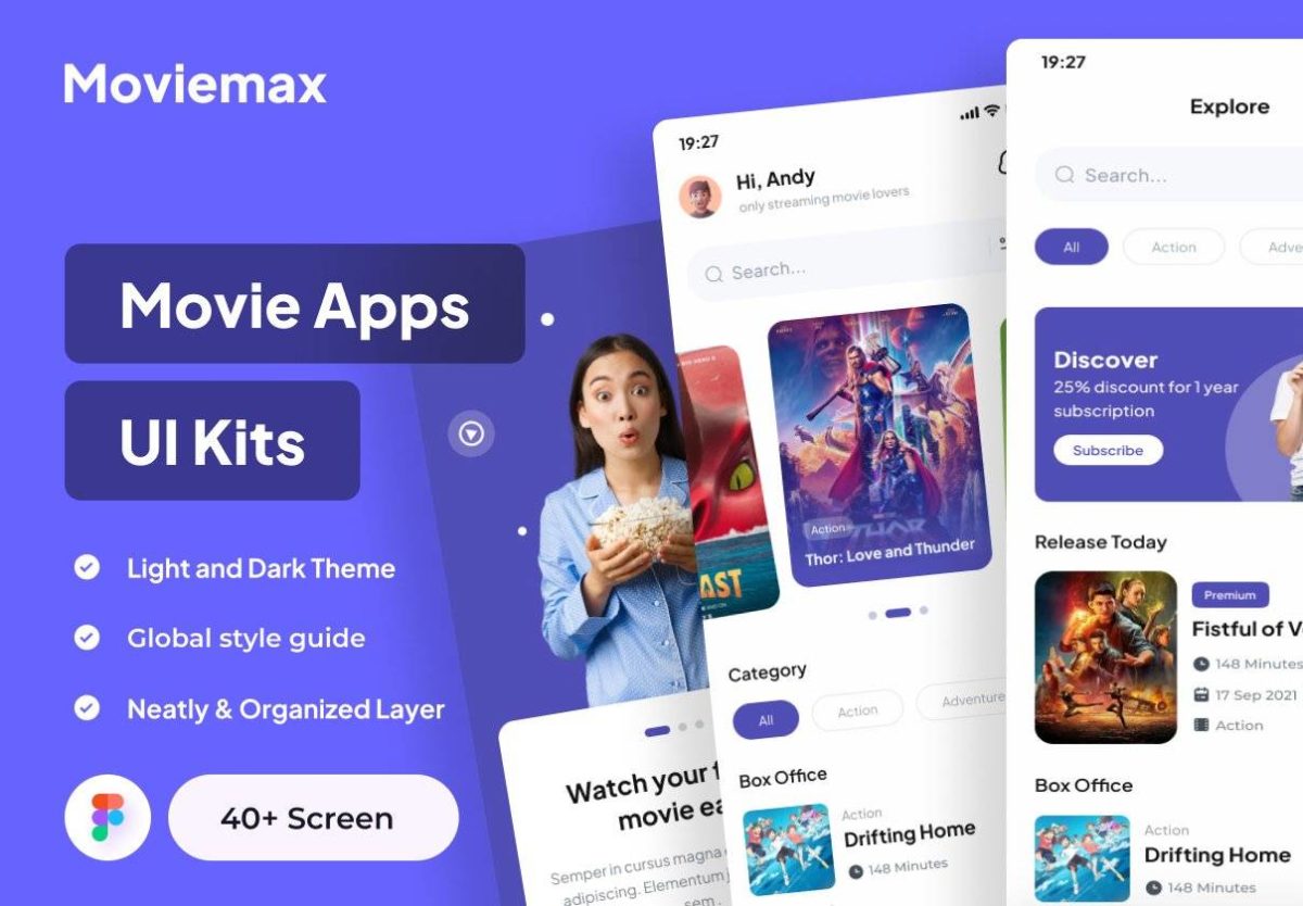 40+屏简约电影视频软件APP界面设计Figma模板素材 Moviemax - Movie Apps UI Kits_img_3