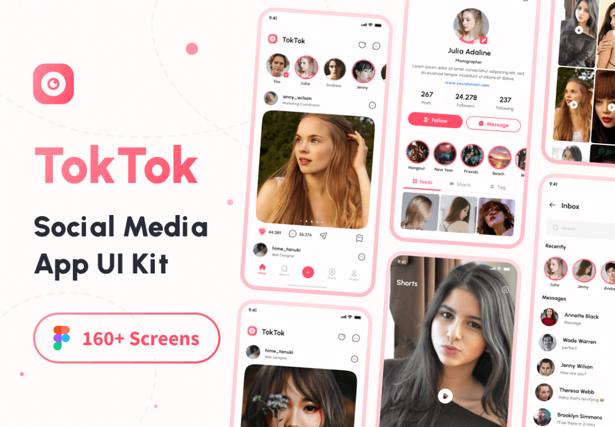 160+屏时尚社交交友聊天短视频APP软件界面设计UI套件素材 TokTok - Social Media App UI Kit_img_3