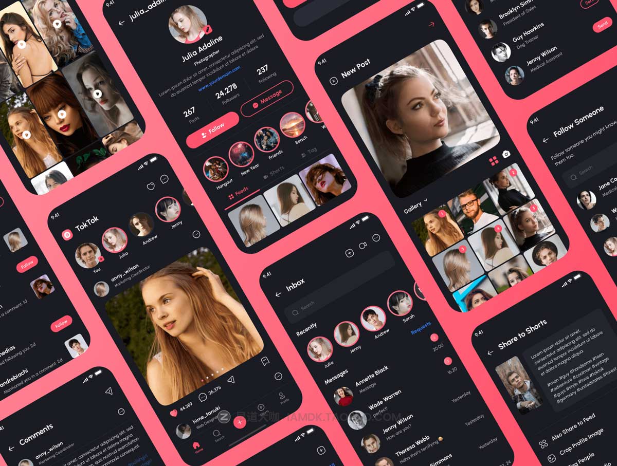 160+屏时尚社交交友聊天短视频APP软件界面设计UI套件素材 TokTok - Social Media App UI Kit_img_2
