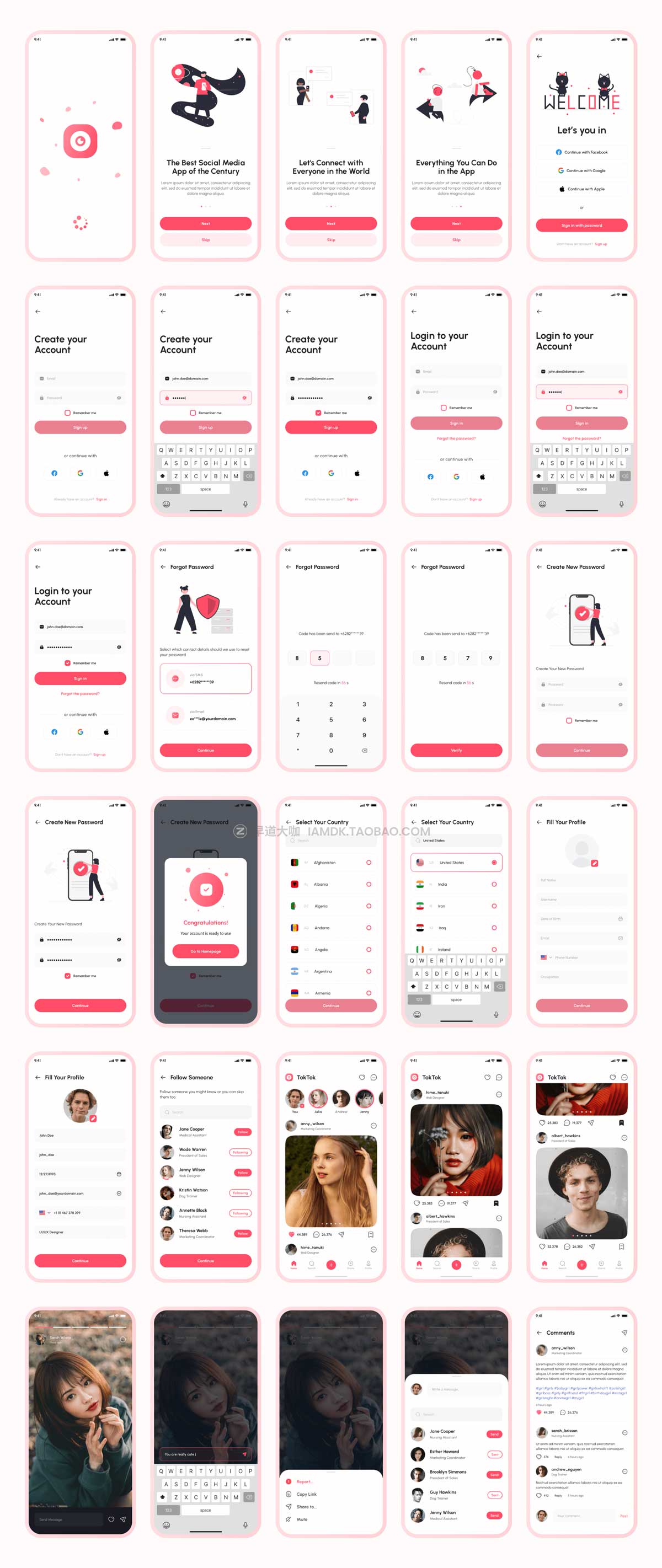 160+屏时尚社交交友聊天短视频APP软件界面设计UI套件素材 TokTok - Social Media App UI Kit_img_2