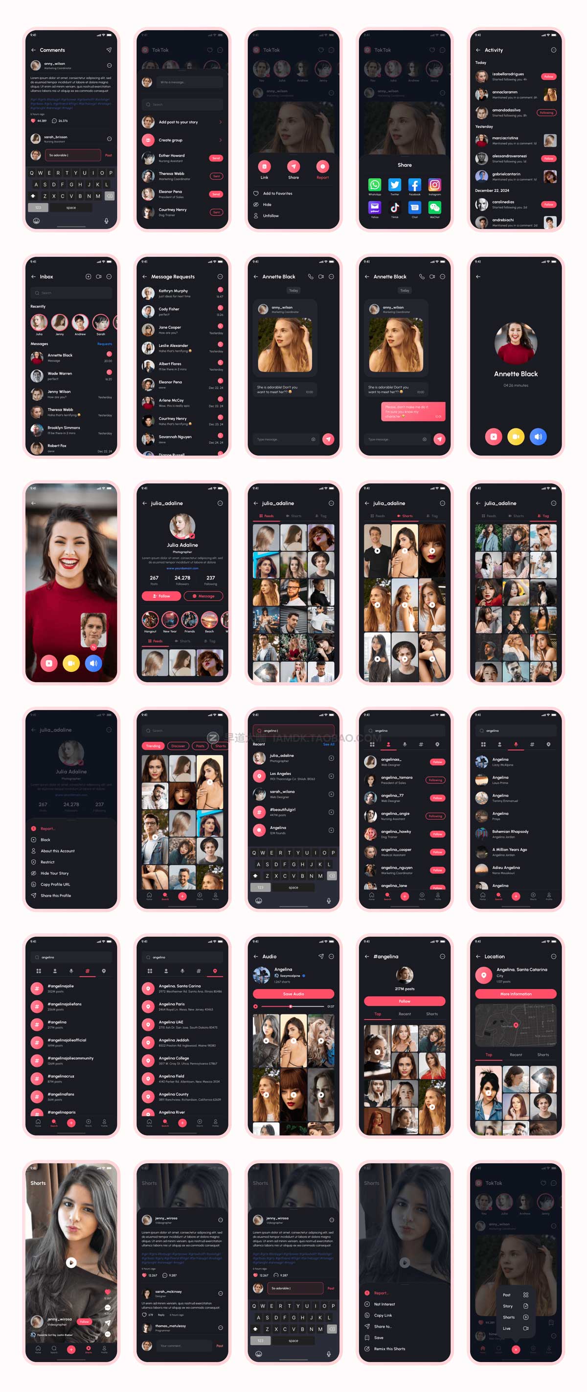 160+屏时尚社交交友聊天短视频APP软件界面设计UI套件素材 TokTok - Social Media App UI Kit_img_2