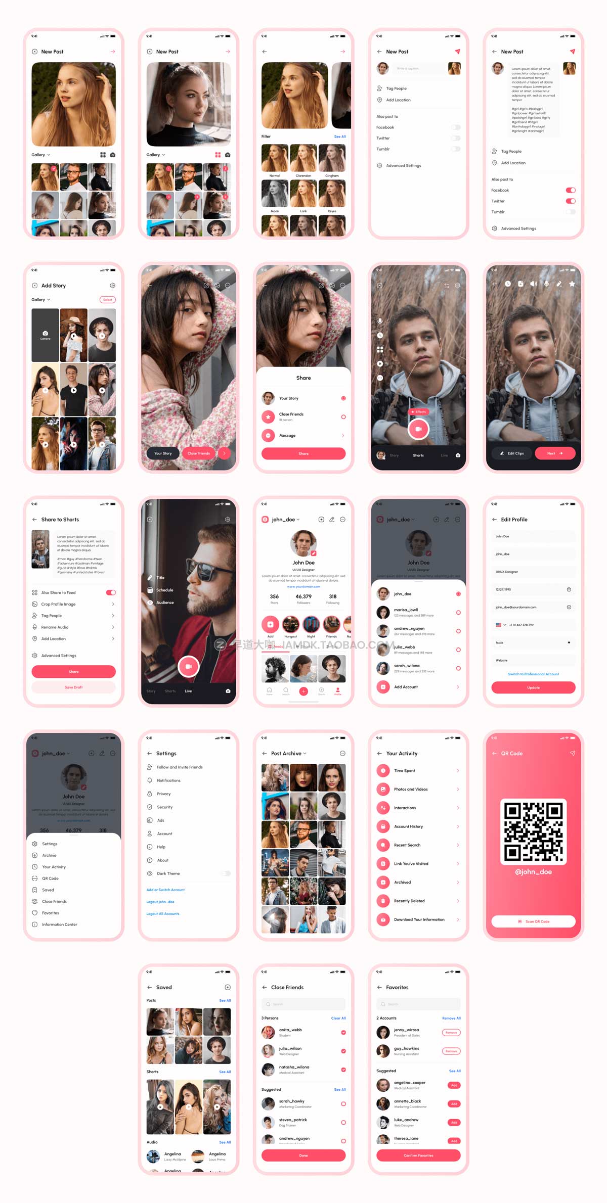 160+屏时尚社交交友聊天短视频APP软件界面设计UI套件素材 TokTok - Social Media App UI Kit_img_2