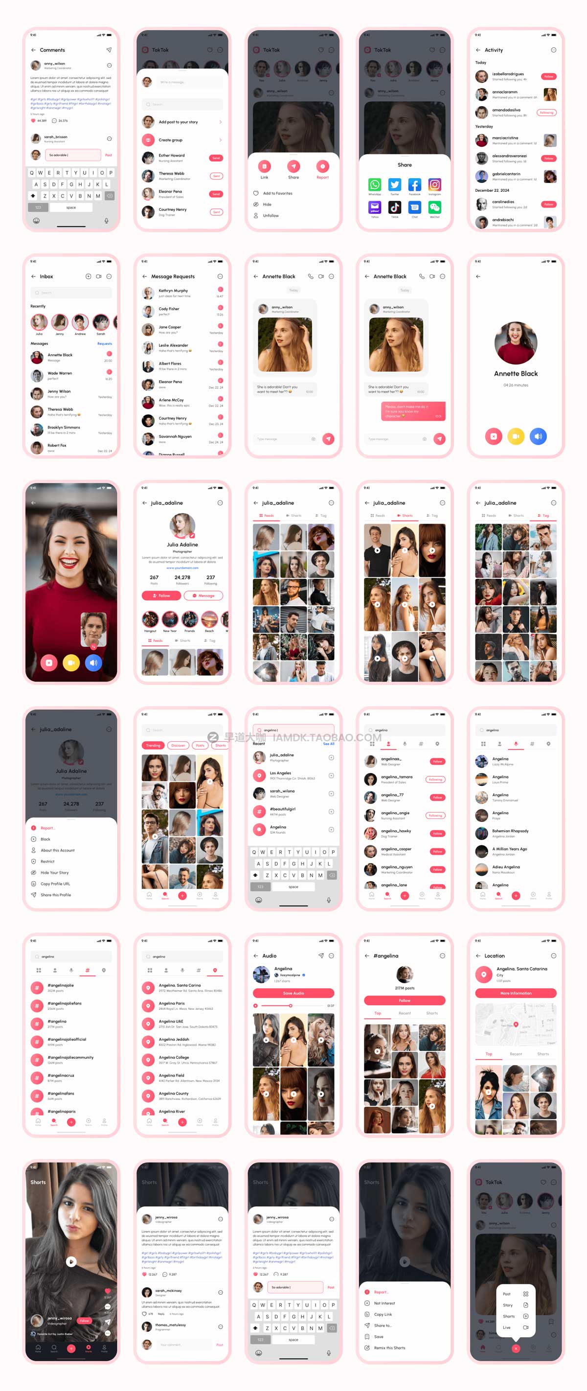 160+屏时尚社交交友聊天短视频APP软件界面设计UI套件素材 TokTok - Social Media App UI Kit_img_2