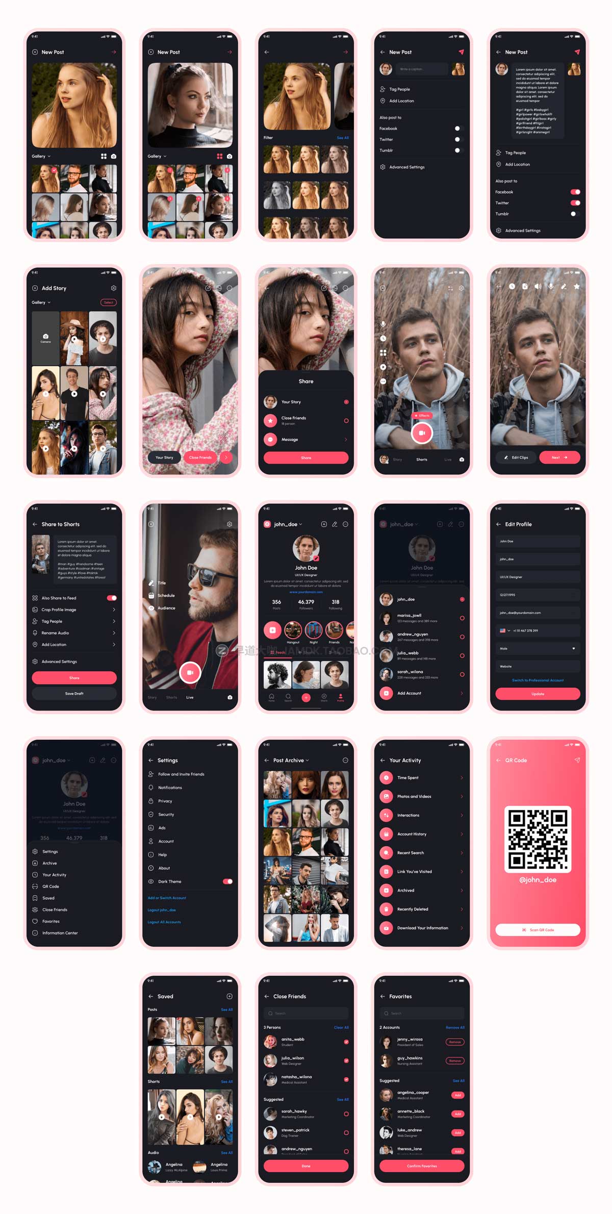 160+屏时尚社交交友聊天短视频APP软件界面设计UI套件素材 TokTok - Social Media App UI Kit_img_2