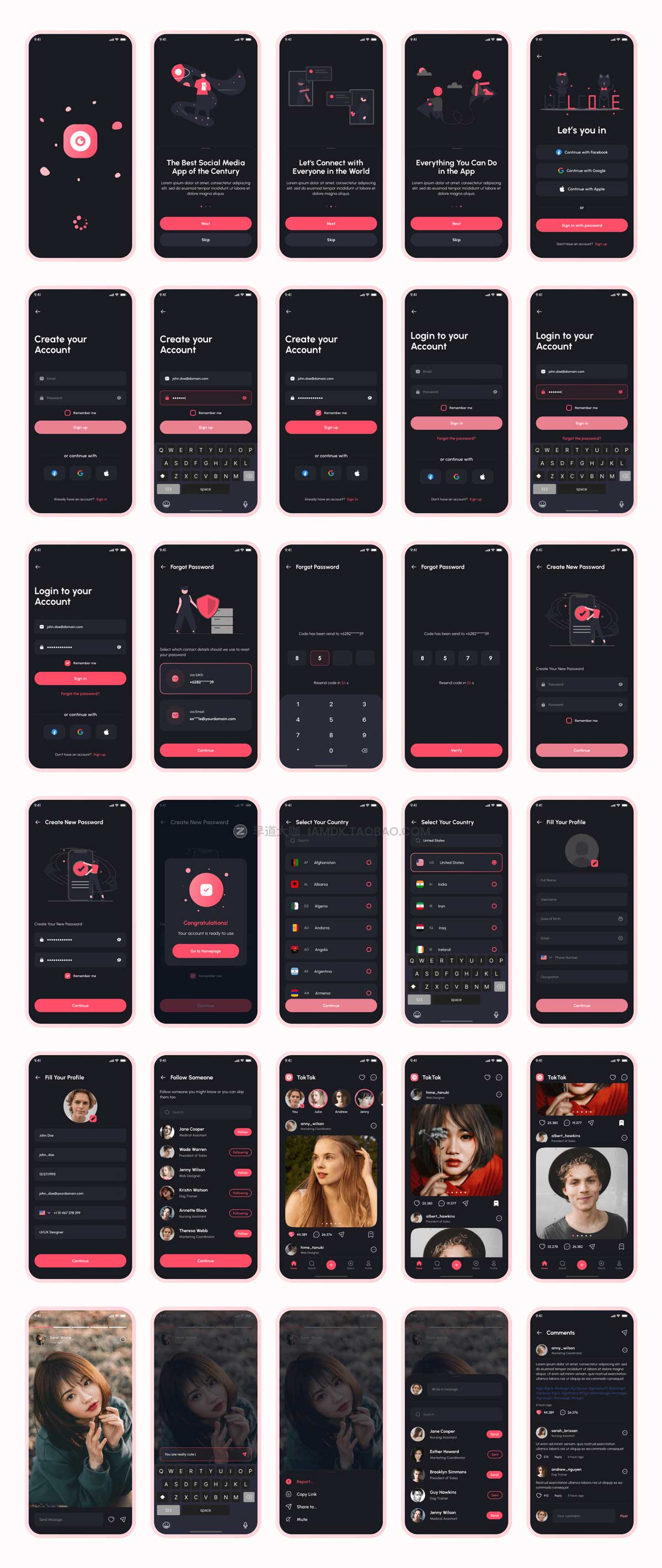 160+屏时尚社交交友聊天短视频APP软件界面设计UI套件素材 TokTok - Social Media App UI Kit_img_2