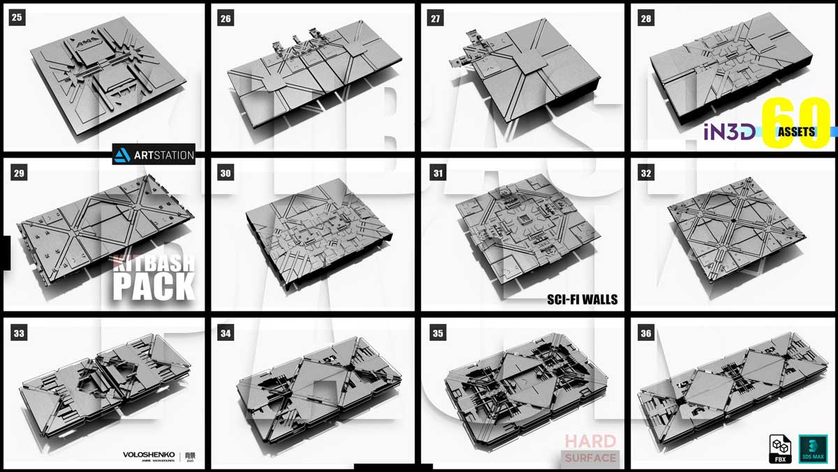 60+款流行科幻机械金属质感墙壁面板3D Max模型工程文件设计素材 Sci-Fi walls KitBash Pack 60+_img_2