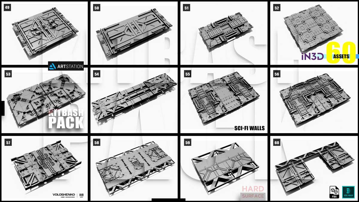 60+款流行科幻机械金属质感墙壁面板3D Max模型工程文件设计素材 Sci-Fi walls KitBash Pack 60+_img_2