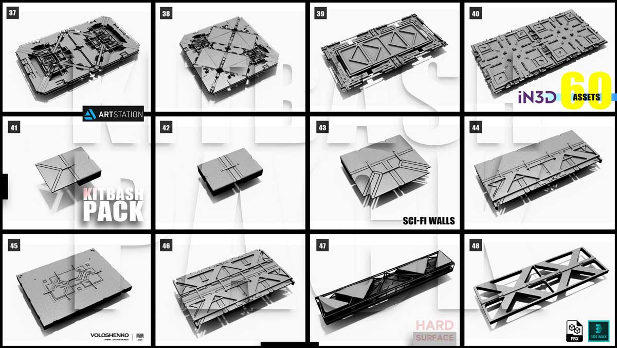 60+款流行科幻机械金属质感墙壁面板3D Max模型工程文件设计素材 Sci-Fi walls KitBash Pack 60+_img_2