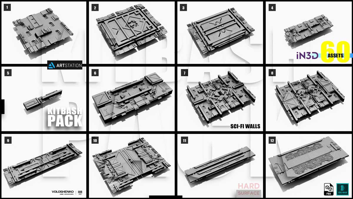 60+款流行科幻机械金属质感墙壁面板3D Max模型工程文件设计素材 Sci-Fi walls KitBash Pack 60+_img_2