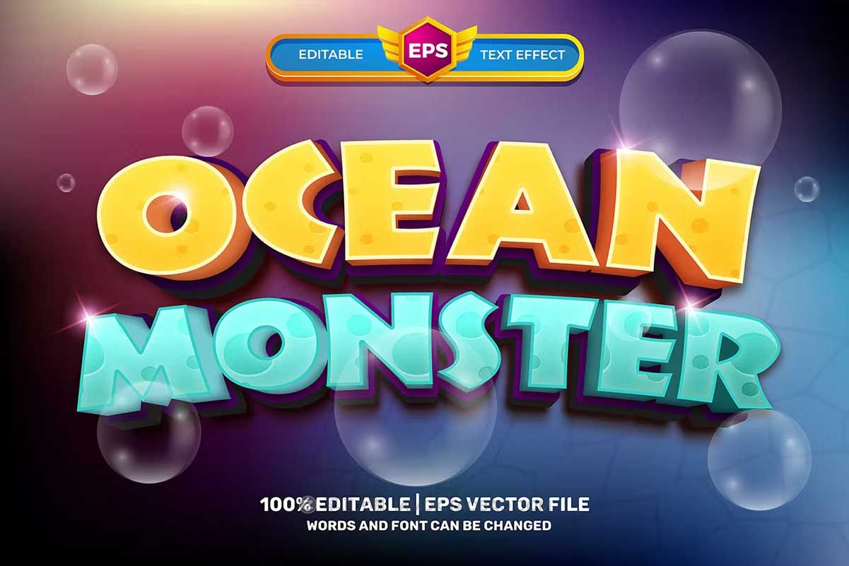 9款卡通3D立体动漫游戏Logo标题设计AI矢量样式模板素材 Ocean Cartoon 3D Text Effect Vol. 1_img_2