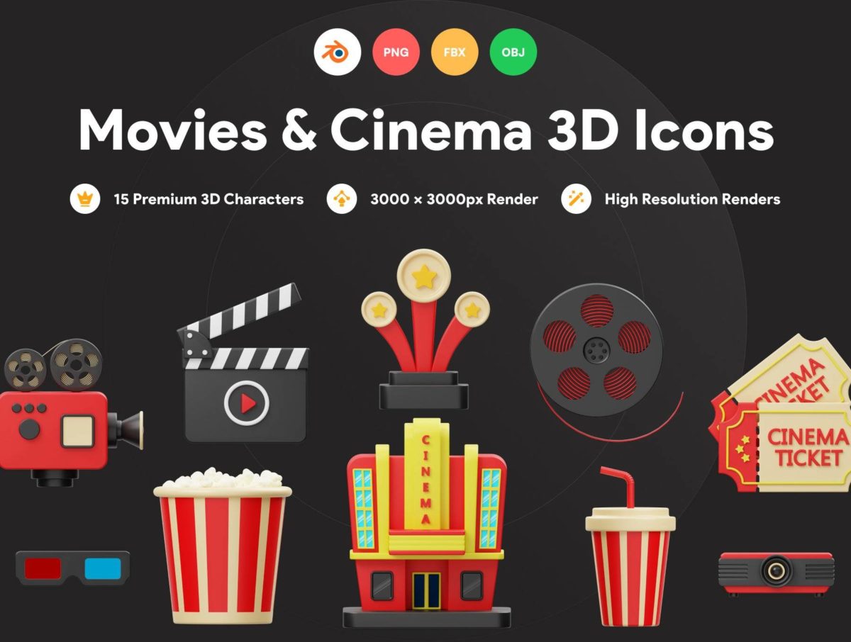 15款高级电影影院APP界面设计3D图标Icons设计素材 Cinema And Movie 3D Icon_img_3