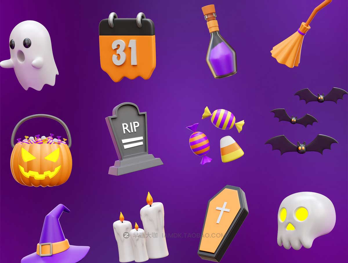 25款高级卡通创意万圣节南瓜骷髅蝙蝠3D图标设计素材合集 Halloween 3D Icon Set_img_2