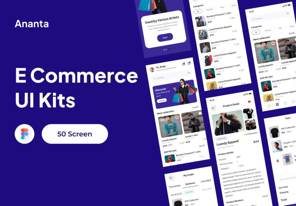 50+屏简约电子商城在线购物软件APP界面设计UI套件Figma模板素材 Ananta - E Commerce App UI Kits_img_3