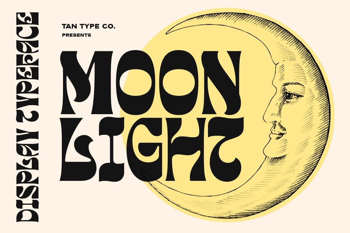 60年代复古酸性逆反差Y2K怪诞字母标题Logo设计PSAI英文字体安装包 TAN - MOONLIGHT Font_img_3