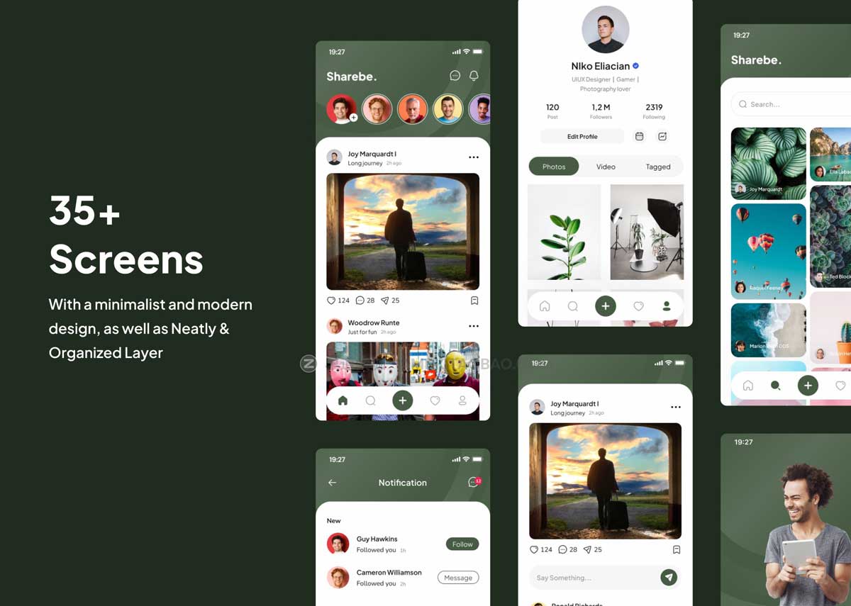 35+屏高级短视频社交交友软件APP界面设计UI套件Figma模板素材 Sharebe - Social Media App UI Kits_img_2