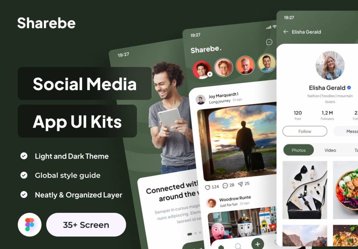 35+屏高级短视频社交交友软件APP界面设计UI套件Figma模板素材 Sharebe - Social Media App UI Kits_img_3