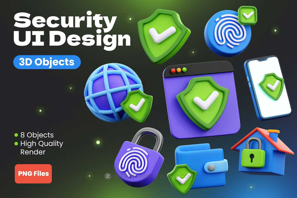 8款网络安全指纹密码登陆生物识别3D图标Icons设计素材 Security UI Design 3D Objects_img_2