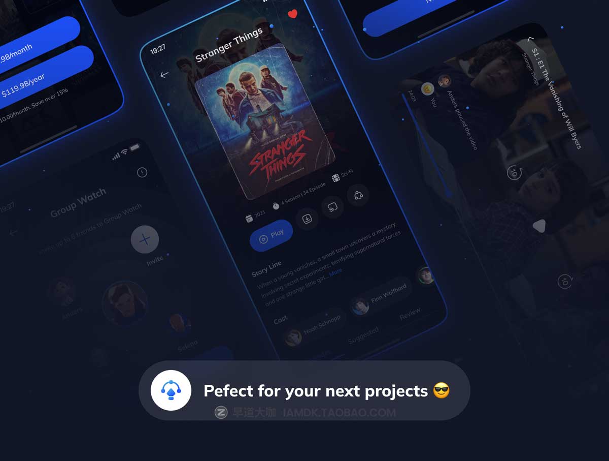 90+屏暗黑炫酷短视频电视电影APP软件界面设计UI套件素材 Movees - Movie Streaming Apps UI KIT_img_2