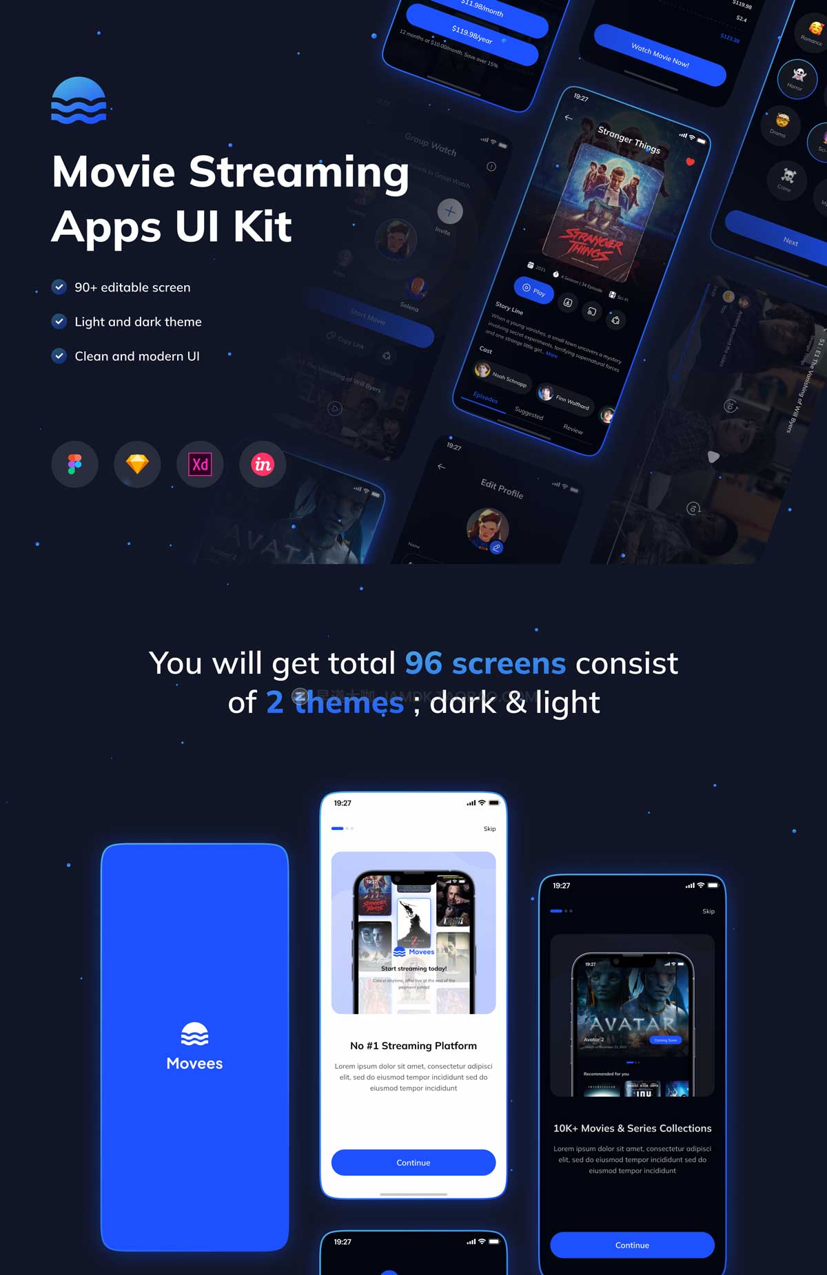 90+屏暗黑炫酷短视频电视电影APP软件界面设计UI套件素材 Movees - Movie Streaming Apps UI KIT_img_2