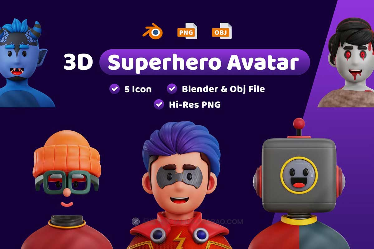 40款卡通有趣游戏超级英雄人物头像肖像3D图标Icons设计素材 Superhero Avatar 3D Icon_img_2