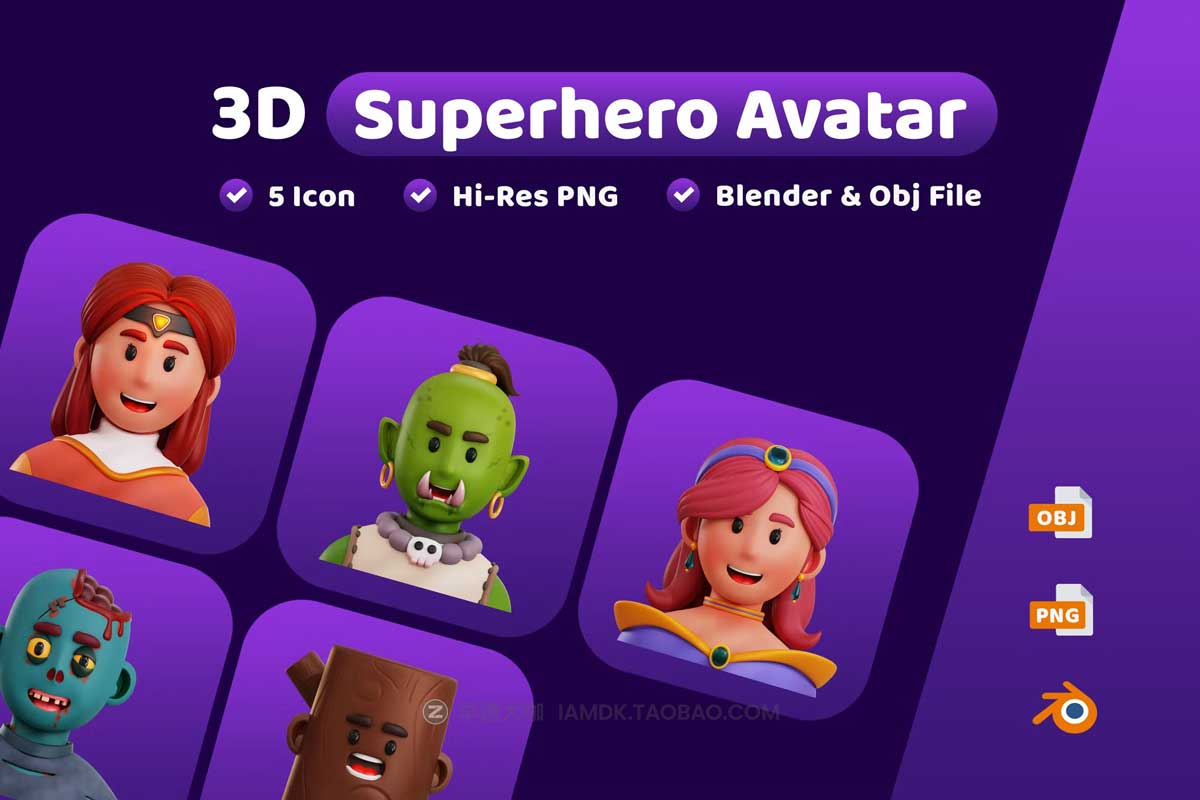 40款卡通有趣游戏超级英雄人物头像肖像3D图标Icons设计素材 Superhero Avatar 3D Icon_img_2