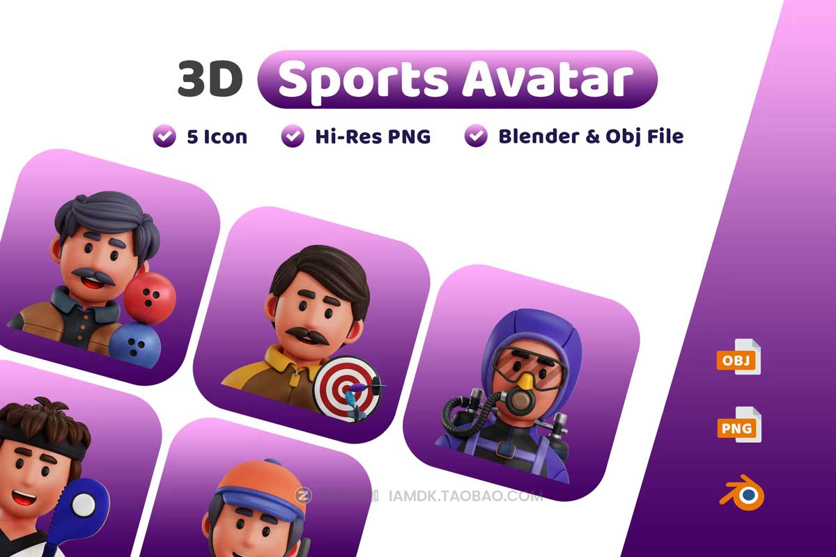 40款卡通有趣体育赛事运动插画插图3D立体图标Icons设计素材 Sports Avatar 3D Icon_img_2