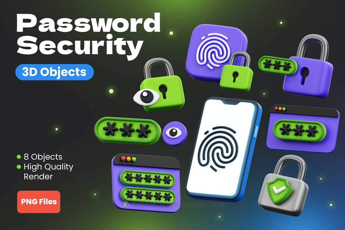 8款3D密码安全指纹登陆生物识别图标Icons设计素材包 Password Security 3D Objects_img_2