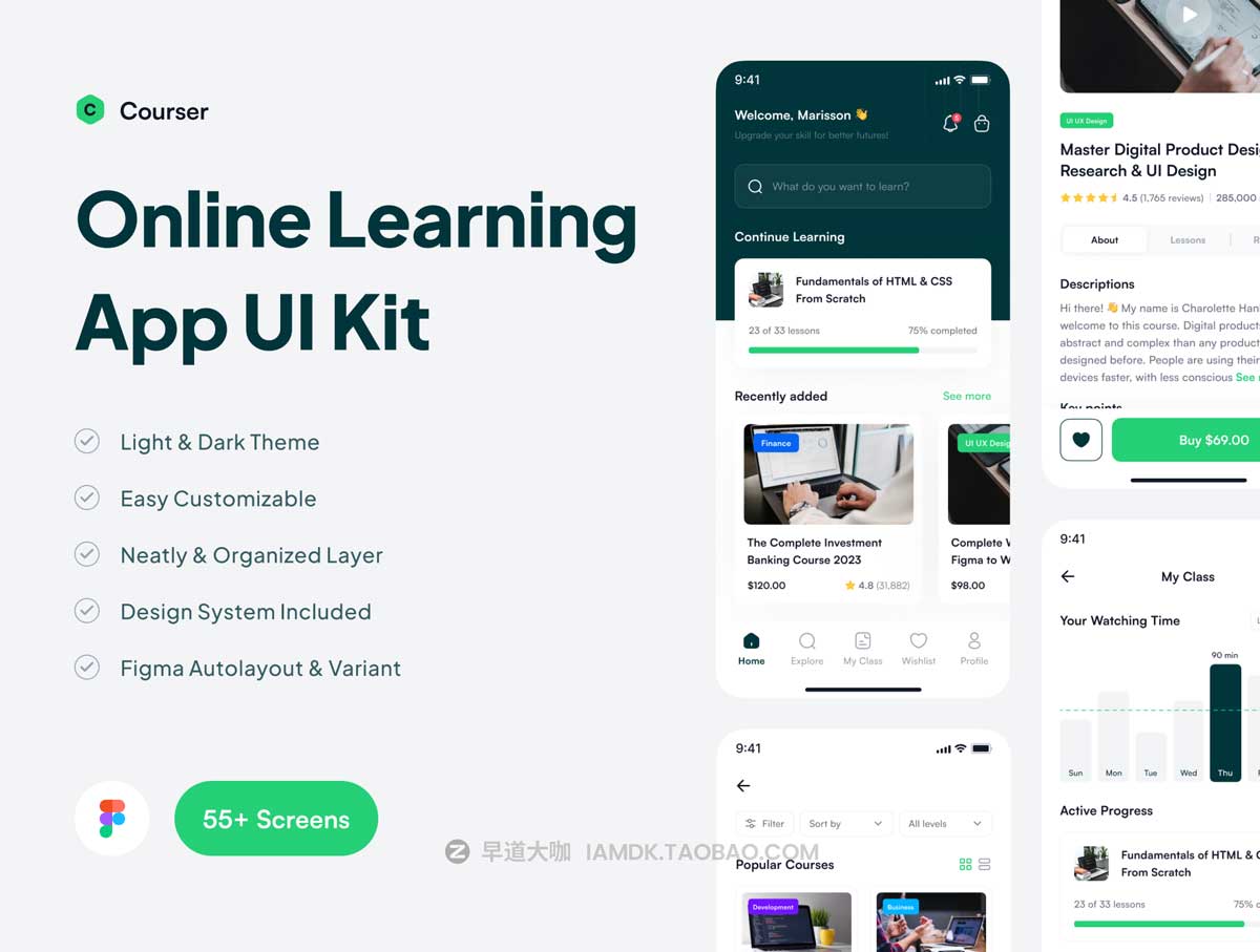 55+屏优质在线学习教学教育课程网课软件APP界面设计Figma模板素材 Courser - Online Learning App UI Kit_img_2