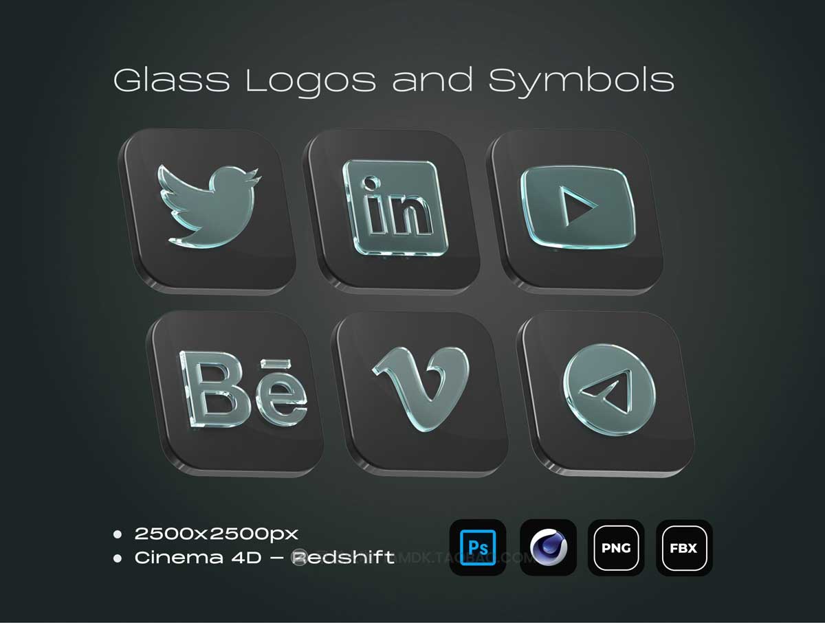 20款高级亚克力玻璃3D图标Icon标志Logo设计素材C4D模型&PSD分层文件 Glass Logos and Symbols_img_2