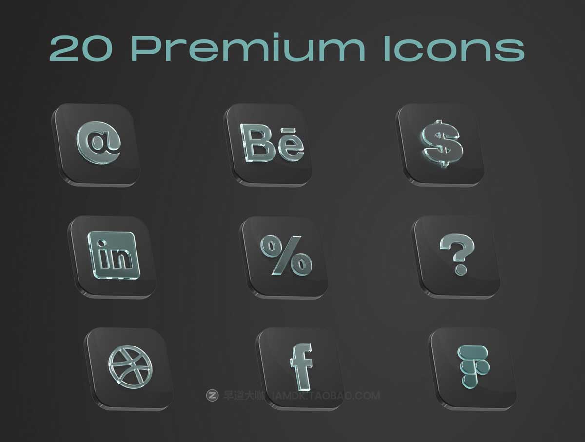 20款高级亚克力玻璃3D图标Icon标志Logo设计素材C4D模型&PSD分层文件 Glass Logos and Symbols_img_2