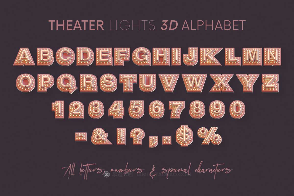 复古创意3D立体霓虹灯泡字母数字PNG免抠图设计素材 Theater Lights - 3D Lettering_img_2