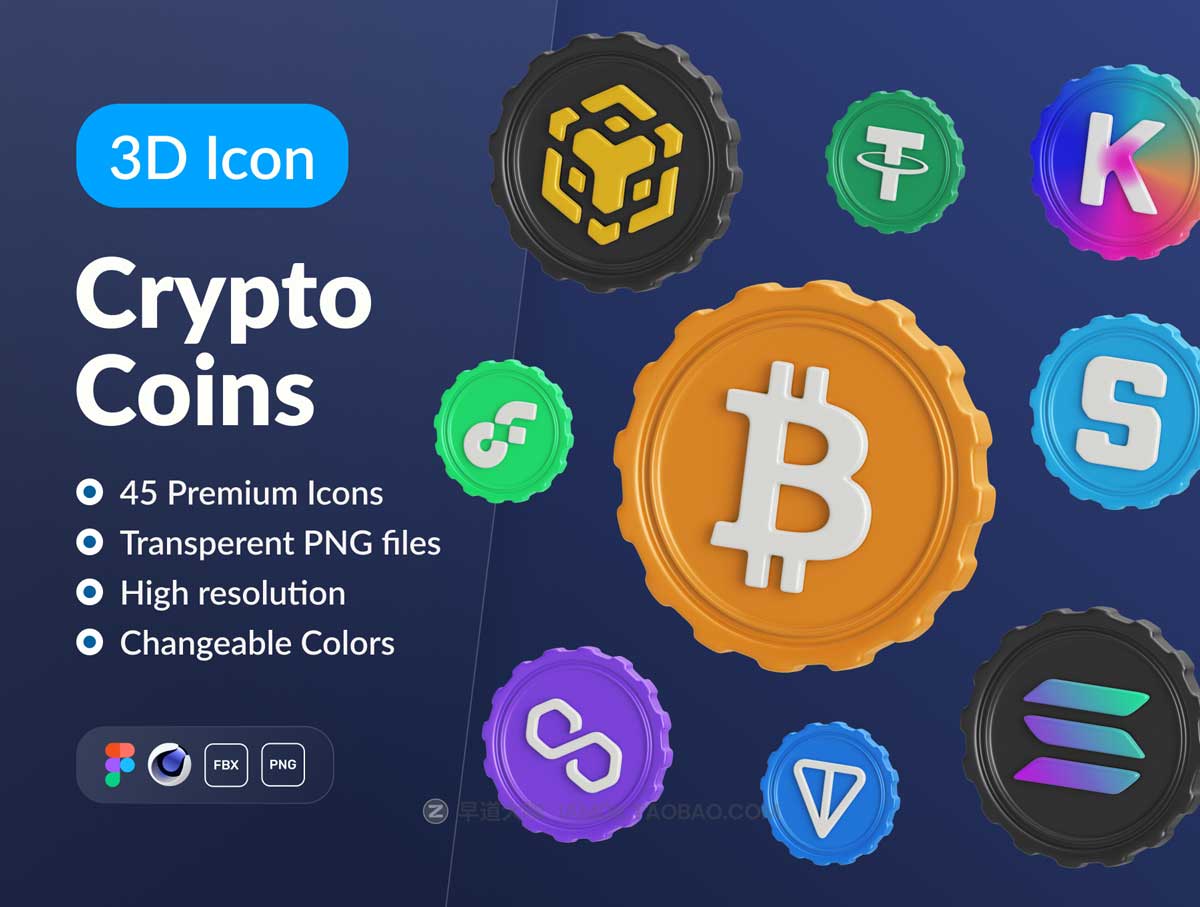 45款高级加密货币硬币3D图标Icons设计素材合集 Crypto Coins: 3D Icon Set_img_2