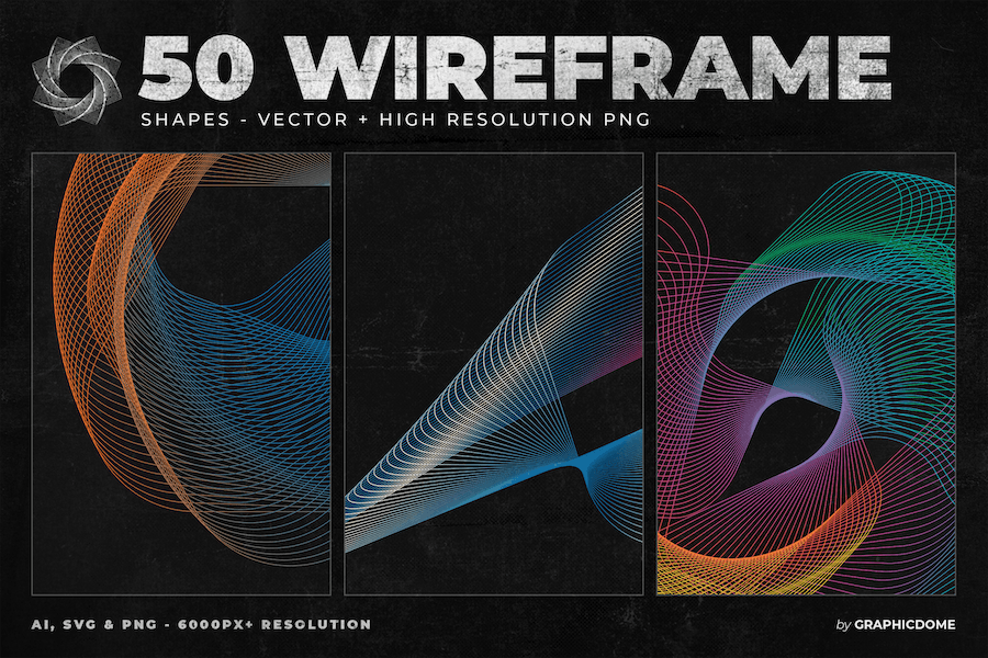 50款现代时尚3D几何网格线框编织扭曲波浪抽象艺术背景底纹AI矢量设计素材 50 Wireframe Vector & PNG Shapes_img_3