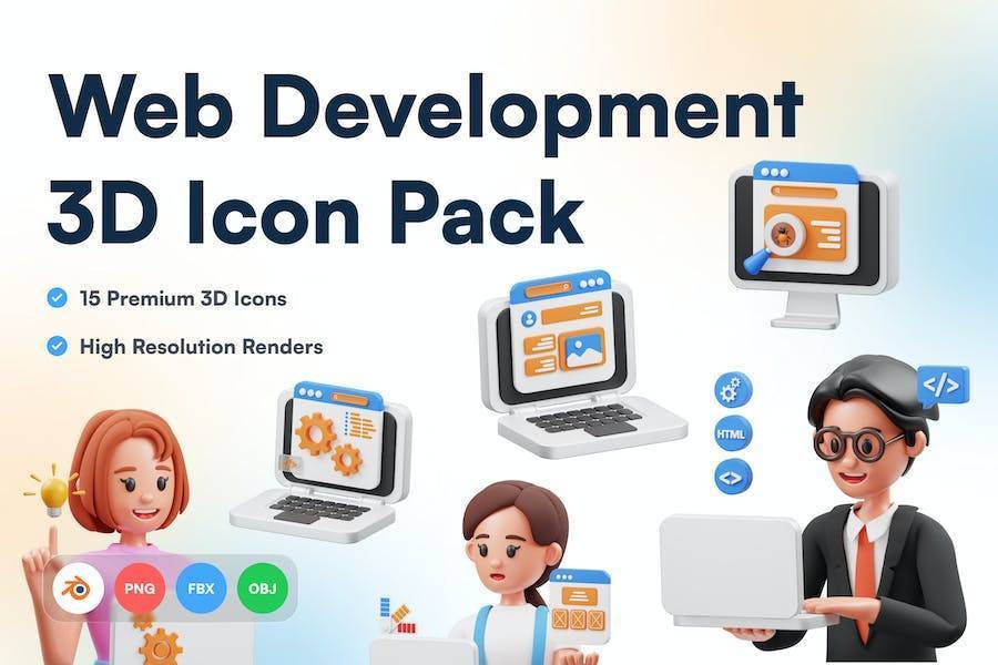 15款卡通网站开发程序网络科技3D插图图标Icons设计素材 Web Development 3D Illustration_img_3