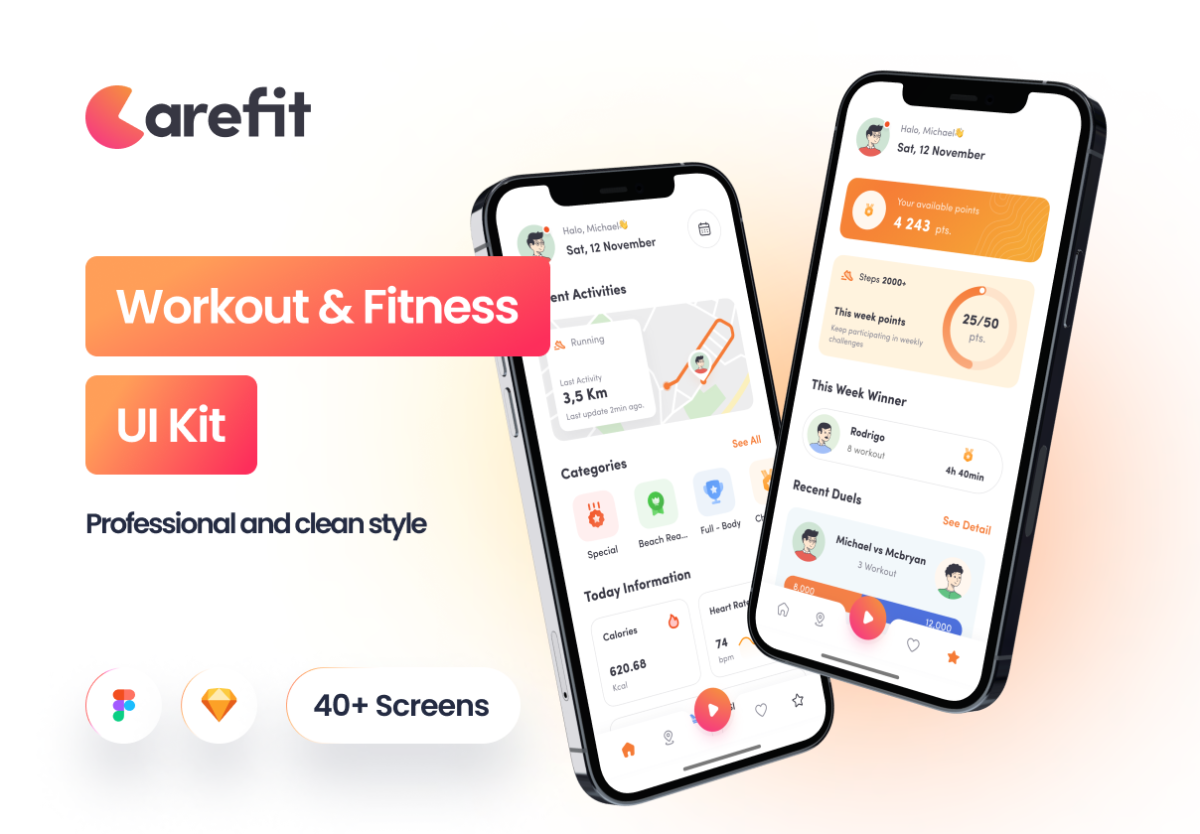 40+屏现代专业体育锻炼健身软件APP界面设计UI套件素材 Carefit - Workout & Fitness App_img_3