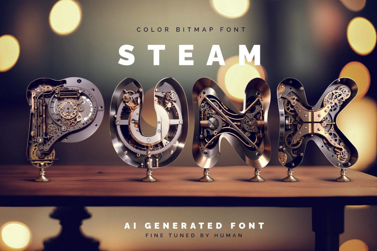 复古蒸汽朋克工业机械3D金属质感英文字体安装包设计素材 SteampunkAi - Color Bitmap Font_img_3