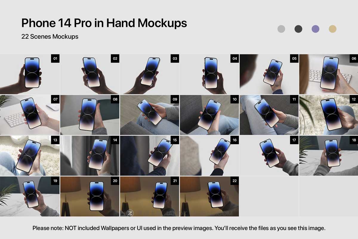 22款时尚手持iPhone 14苹果手机App界面设计Ps智能贴图样机模板 22 Phone 14 Pro In Hand Mockups_img_2