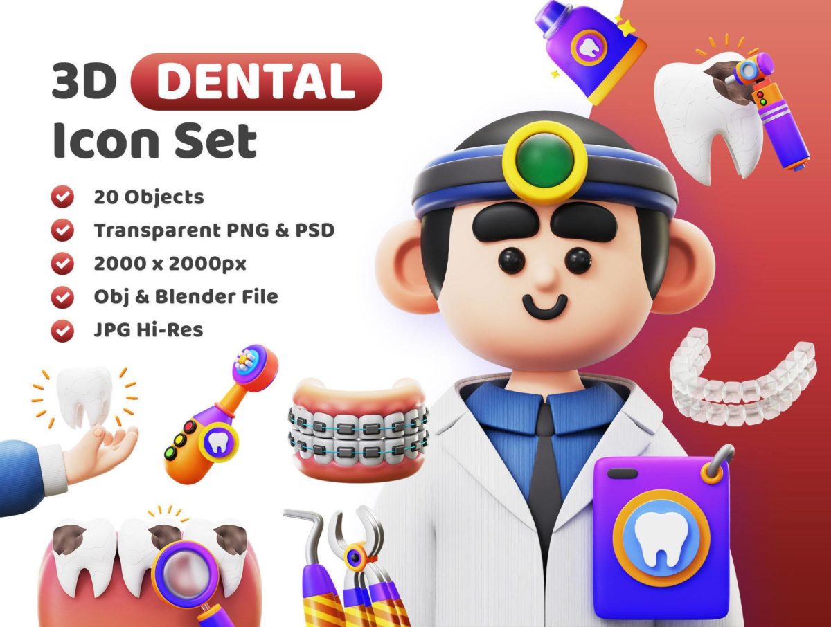 20款3D卡通牙科牙医医疗健康插图图标Icons设计素材包 Dental 3D Icon Pack_img_3