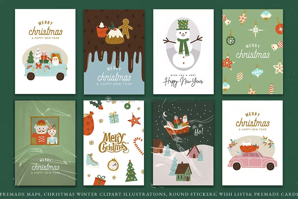 12张手绘圣诞老人圣诞节新年贺卡明信片设计AI矢量设计素材 Christmas Clipart Card Set_img_2