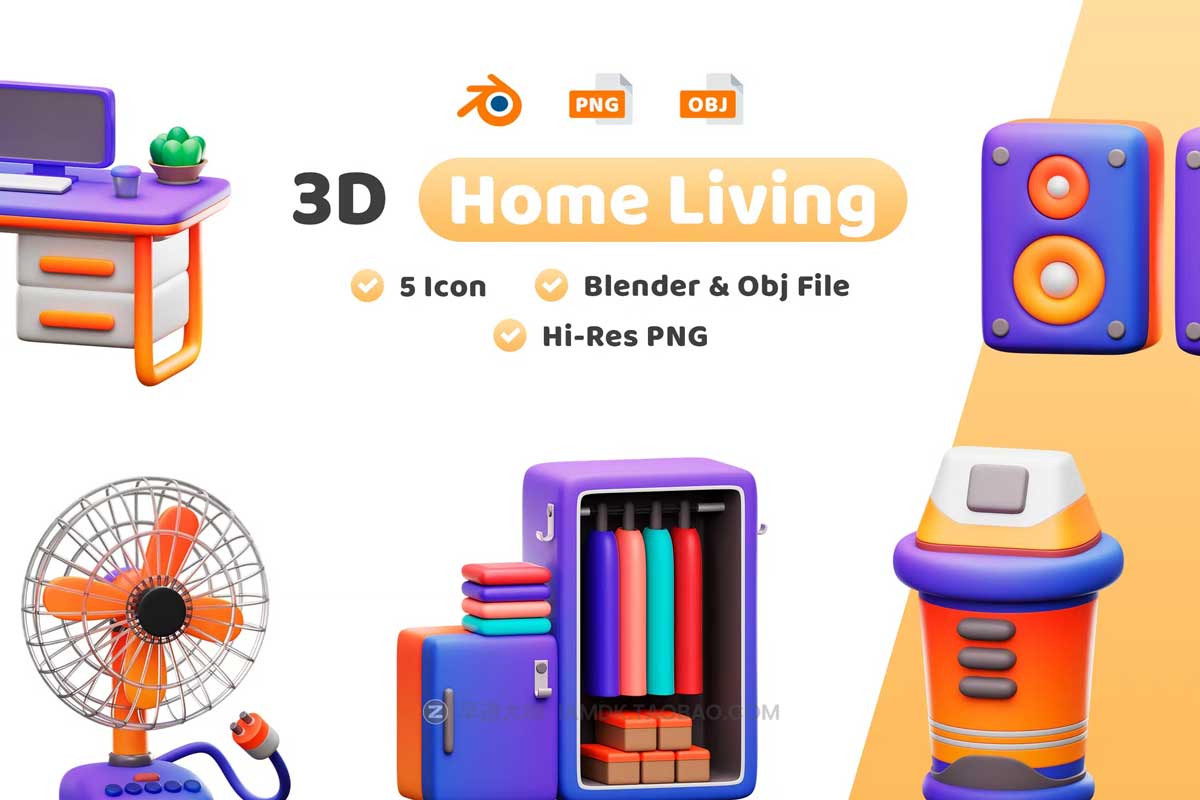 20款3D创意家居生活家具电器插画插图图标Icons设计素材合集 Home Living 3D Icon Pack_img_2