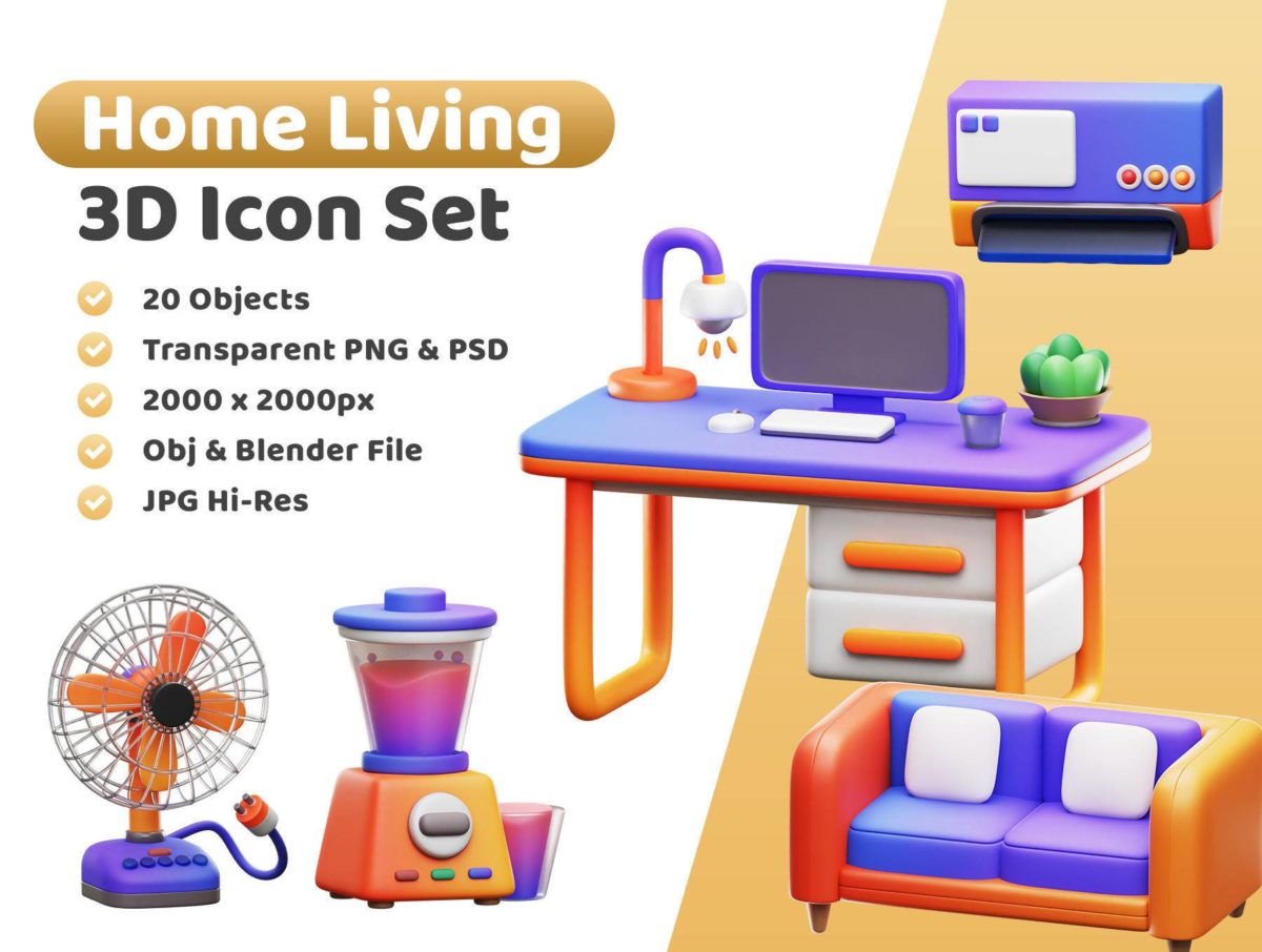 20款3D创意家居生活家具电器插画插图图标Icons设计素材合集 Home Living 3D Icon Pack_img_3