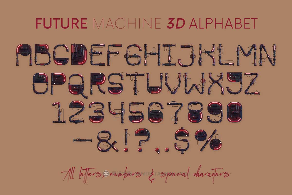 逼真创意未来科幻霓虹灯效果3D立体赛博朋克风字母数字PNG免抠图设计素材 Future Machine - 3D Lettering_img_2